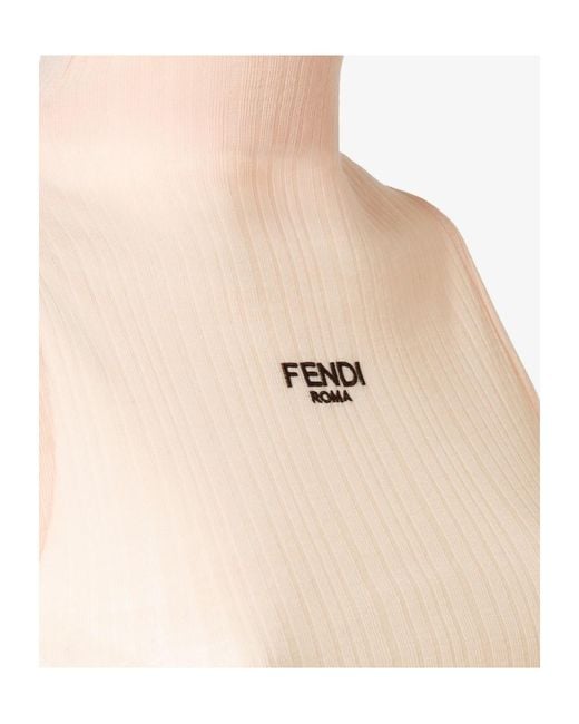 Fendi Natural Logo Embroidered High-Neck Sleeveless Ribbed Top