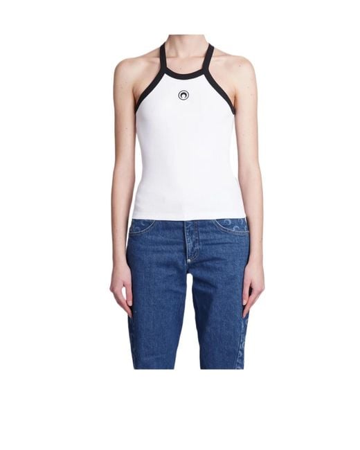 MARINE SERRE Blue Crescent Moon Embroidered Racerback Ribbed Top