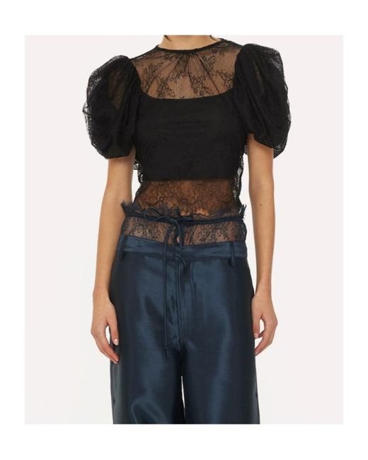 ROTATE BIRGER CHRISTENSEN Black Cropped Puff-Sleeved Lace Blouse