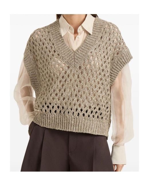Brunello Cucinelli Gray Open-Knit Sleeveless Top