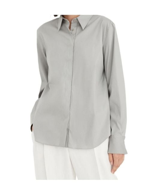 Brunello Cucinelli Gray Bead Embellished Trim Poplin Shirt