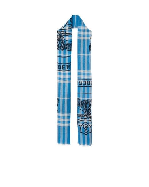 Burberry Blue Montage-Print Frayed-Edge Scarf