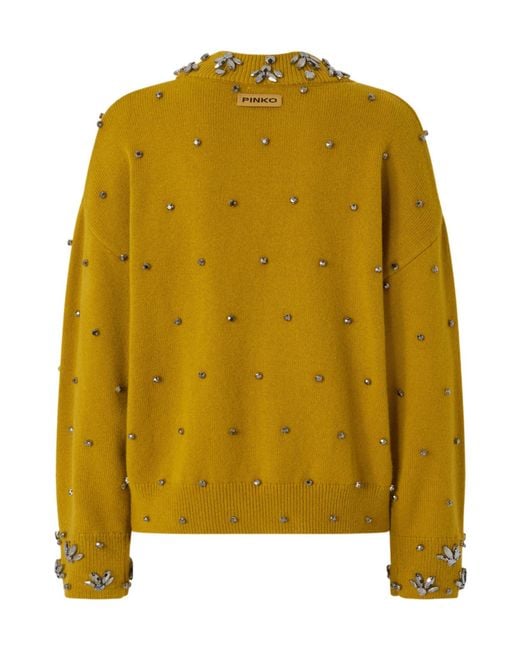 Pinko Yellow Crystal-Embellished V-Neck Sweater