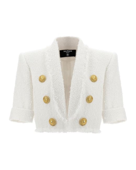 Balmain White Cropped Bouclé Tweed Jacket