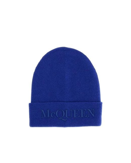 McQueen Blue Logo Embroidered Knit Beanie for men