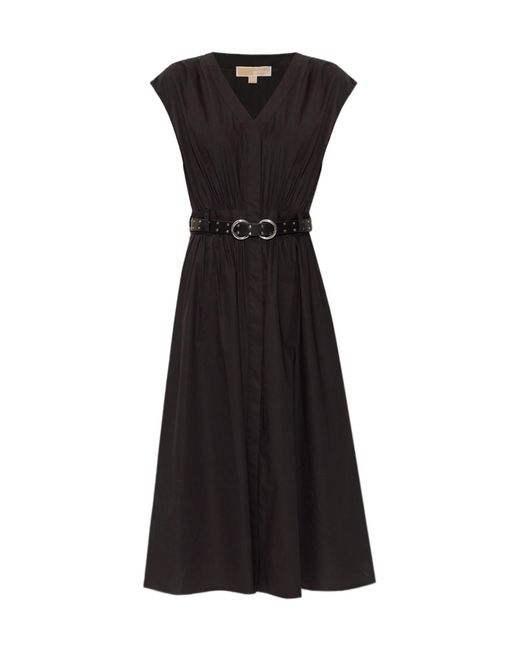 Michael Kors Black Michael Stretched Poplin Belted Midi Dress