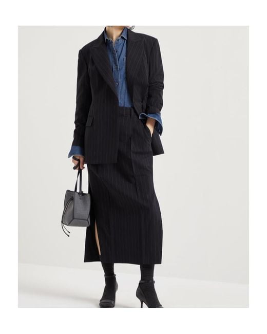 Brunello Cucinelli Blue Pinstripe Tailored Midi Skirt