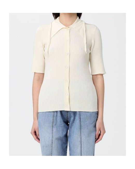 Pinko Natural Coperto Ribbed Button Polo Top