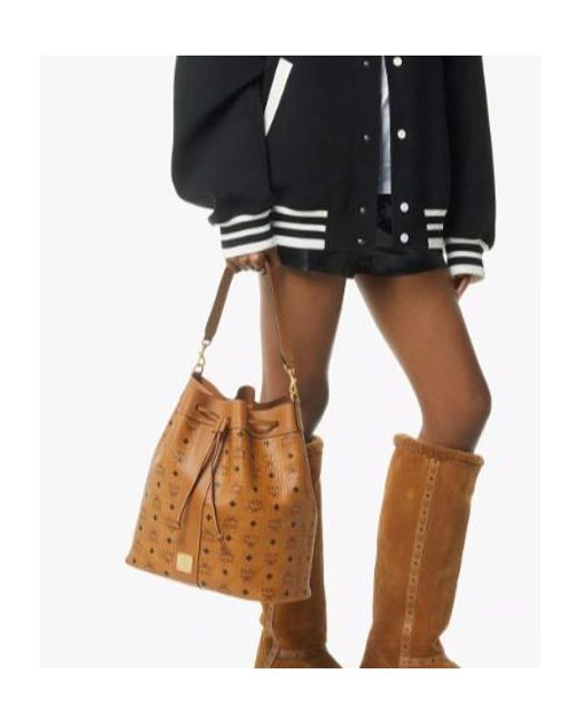 MCM Brown Monogram Drawstring Bucket Bag