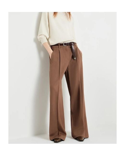 Brunello Cucinelli Brown Virgin Wool And Viscose Tricotine Loose Pleated Trousers With Monili