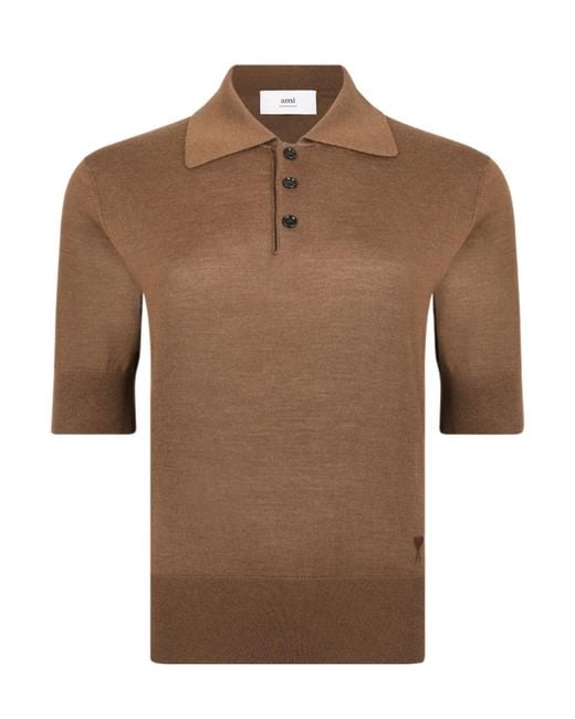 AMI Brown Short-Sleeve Knitted Polo Shirt