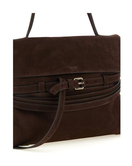Moschino Brown Logo Embossed Buckle Strap Shoulder Bag