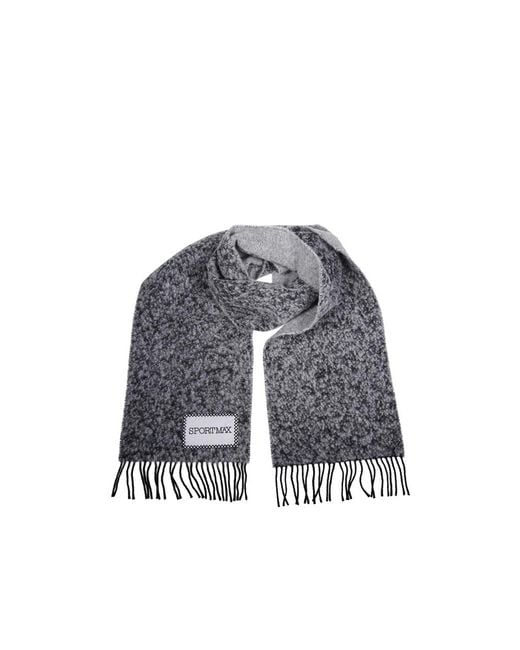 Sportmax Gray Logo-Patch Fringed Scarf