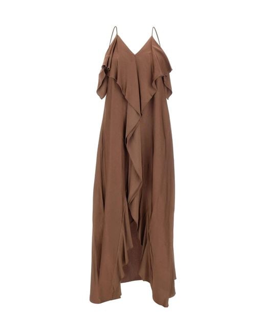 Kaos Brown Ruffle-Detail V-Neck Maxi Dress