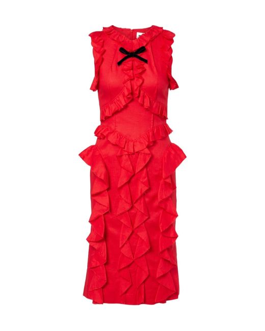 ShuShu/Tong Red Bow-Detail Ruffled Linen Midi Dress