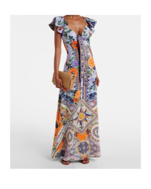Camilla Blue Printed Linen And Silk Maxi Dress