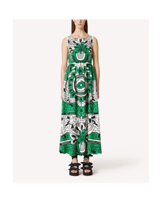RED Valentino Green Floral-Printed V-Back Midi Dress