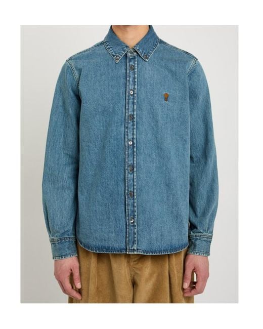 AMI Blue Logo-Embroidered Denim Shirt for men