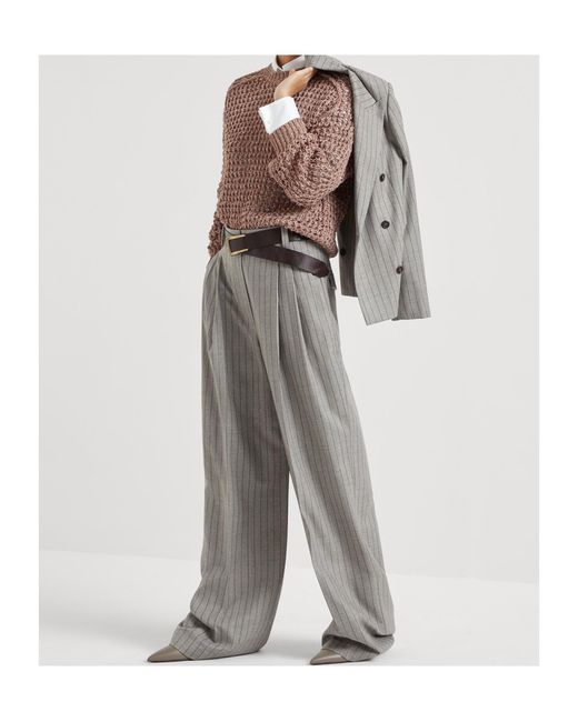 Brunello Cucinelli Gray Pinstripe Double-Breasted Blazer