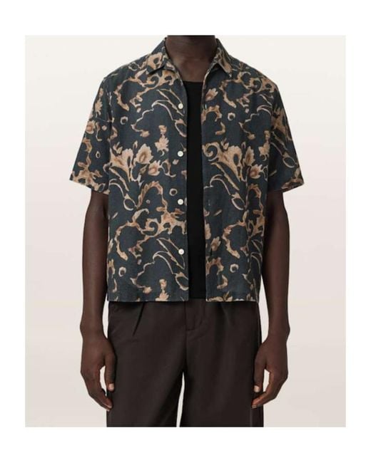 AllSaints Black Fortune Short Sleeve Linen Blend Boxy Shirt for men