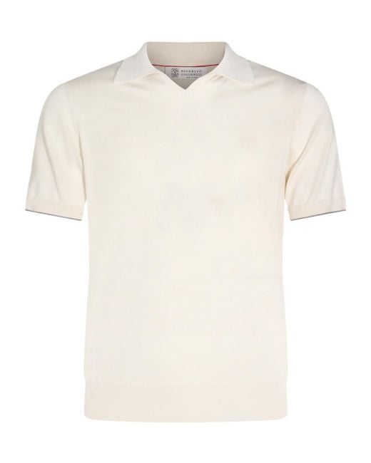 Brunello Cucinelli White Short Sleeved Ribbed Polo Shirt for men