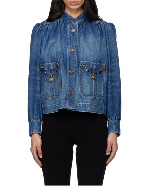 Chloé Chloé High-Neck Gathered Denim Jacket in Blue | Lyst