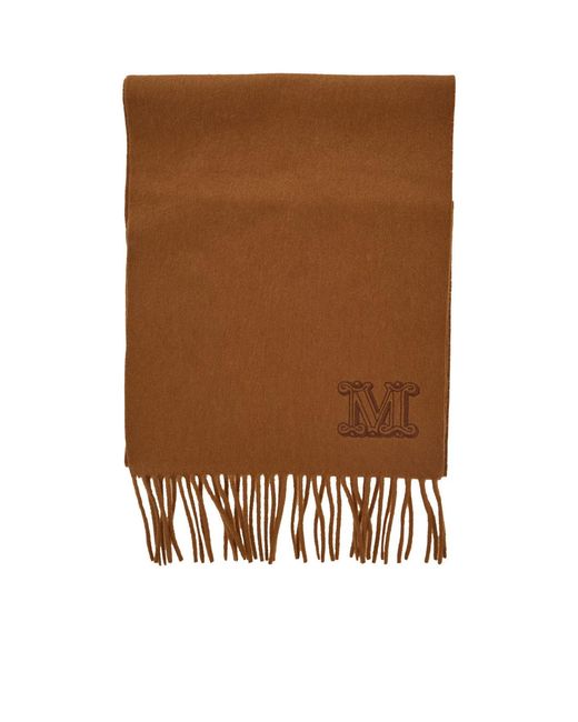 Max Mara Brown Logo Embroidered Fringed Edge Scarf