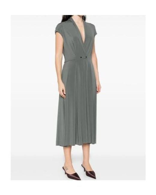 Alberta Ferretti Gray V-Neck Pleat-Detail Dress