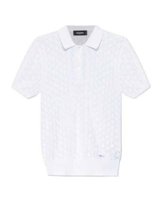 DSquared² White Pointelle-Knit Short Sleeved Polo Top for men