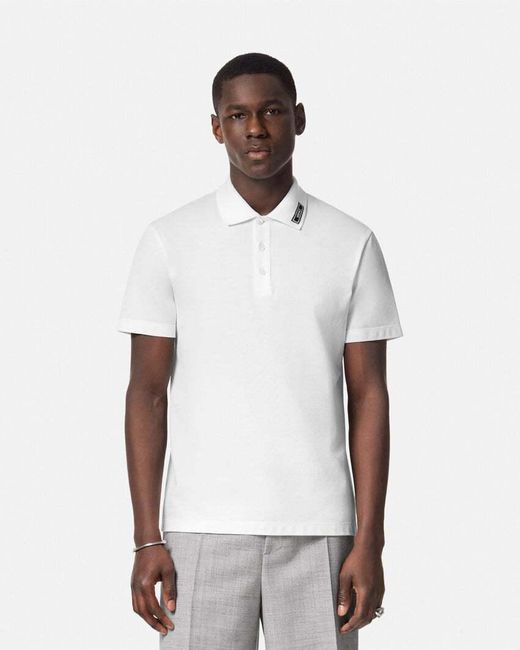 Versace White Logo Patch Short-Sleeved Polo Shirt for men