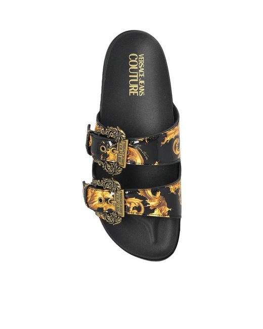 Versace Jeans Black Couture Buckle Embellished Barocco-Printed Sandals
