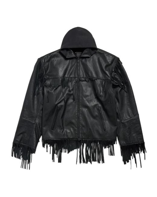 Balenciaga Black Fringed Hooded Leather Jacket for men