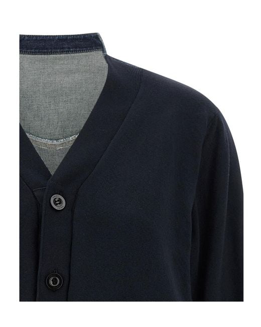 Sacai Blue Denim-Panelled V-Neck Cardigan