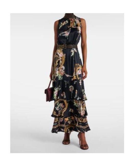 Camilla Black Belted Floral Tiered Silk Maxi Dress