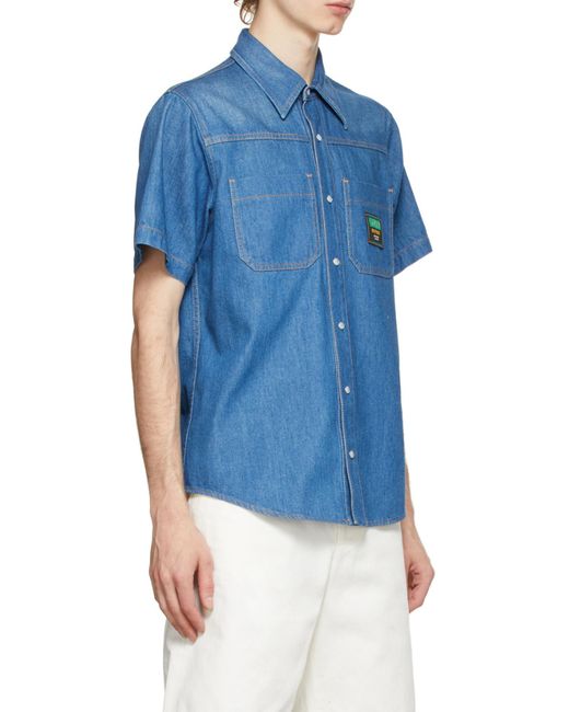 Gucci Blue Logo Patch Short-Sleeved Denim Shirt for men