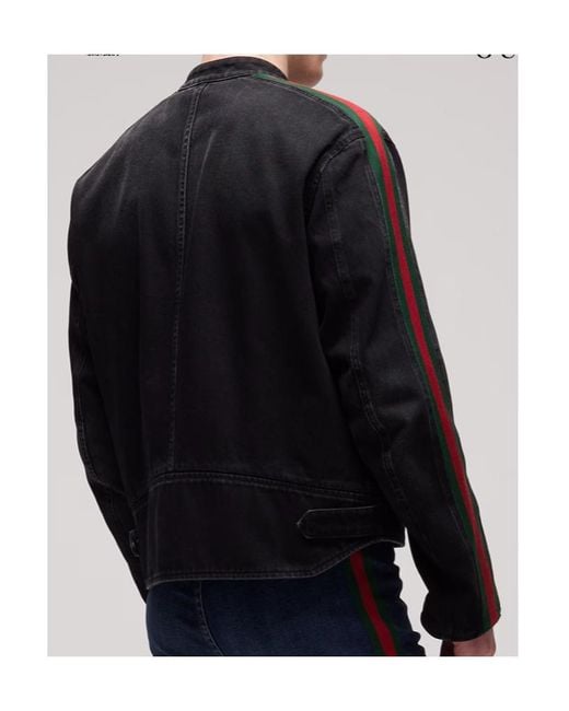 Gucci Black Web Detailed Denim Biker Jacket for men