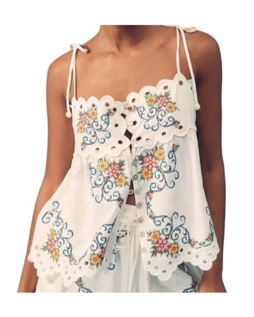Farm Rio White Floral-Embroidered Scalloped Top
