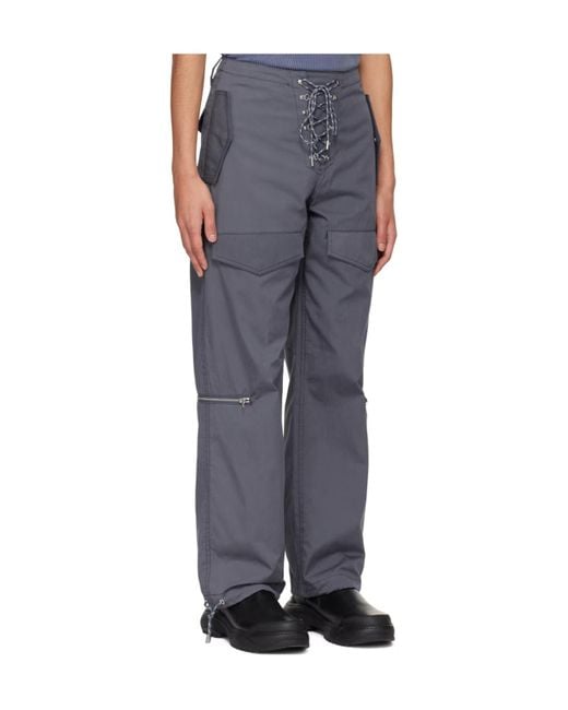 Dion Lee Blue Lace-Up Twill Cargo Trousers for men