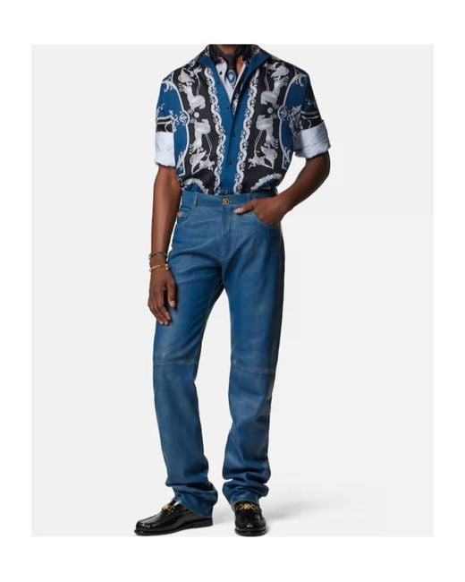 Versace Blue Baroque Printed Short-Sleeved Shirt for men