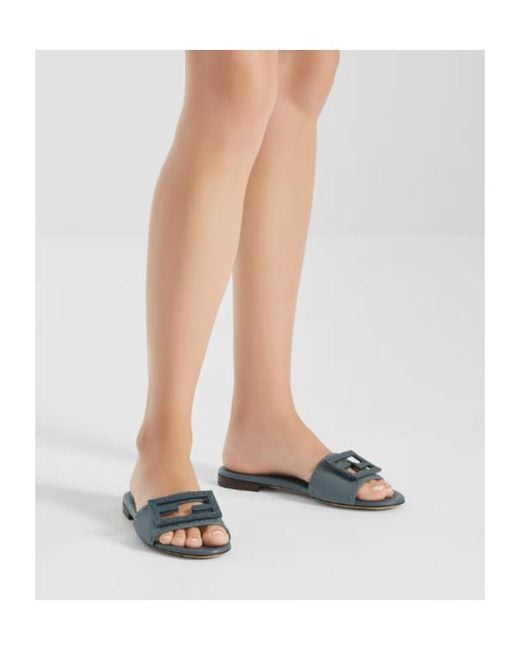 Fendi Blue Baguette Ff Slip-On Slides