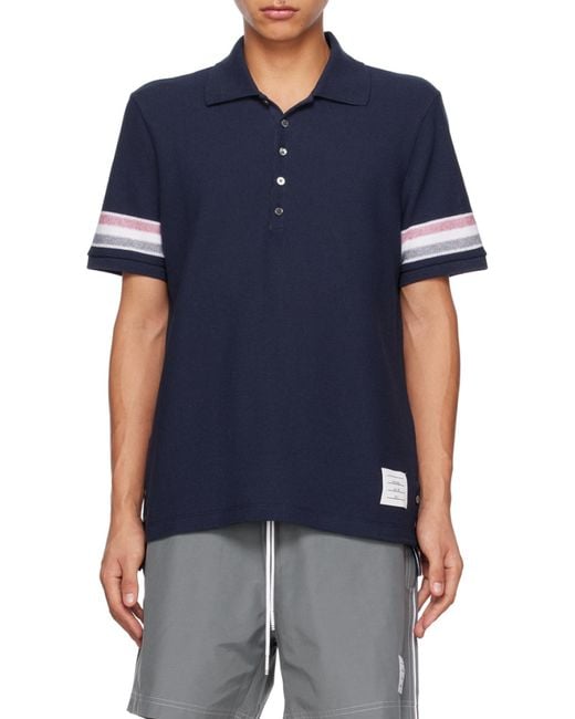 Thom Browne Blue Logo Patch Striped Polo Shirt for men