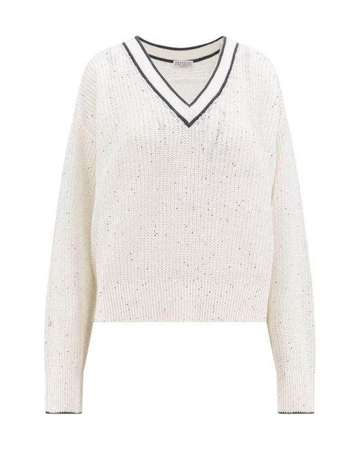 Brunello Cucinelli White V-Neck Sequin-Detailed Jumper