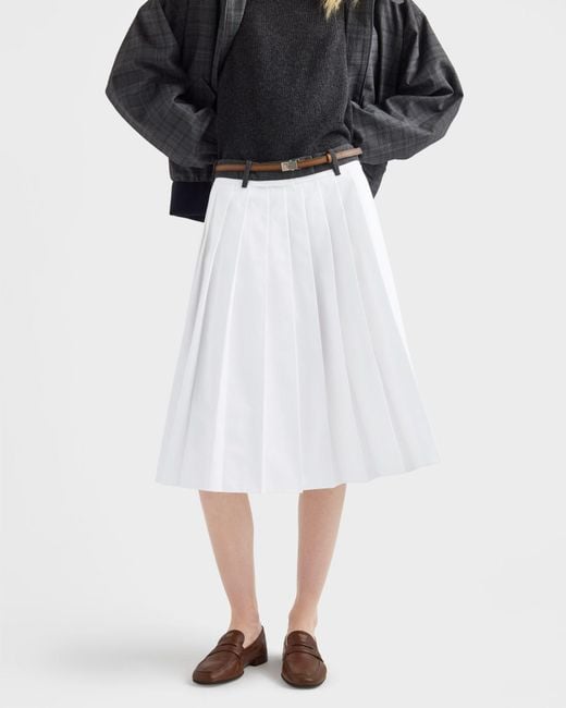 Prada White Pleated Poplin And Rush Stitch Skirt