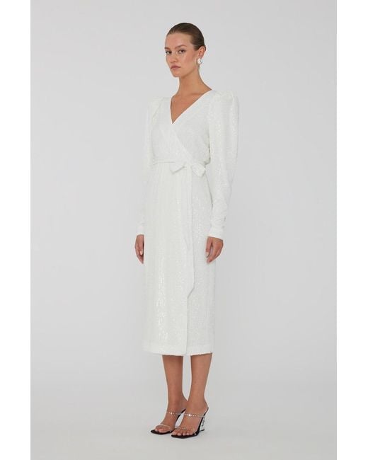 ROTATE BIRGER CHRISTENSEN White V-Neck Sequined Midi Wrap Dress