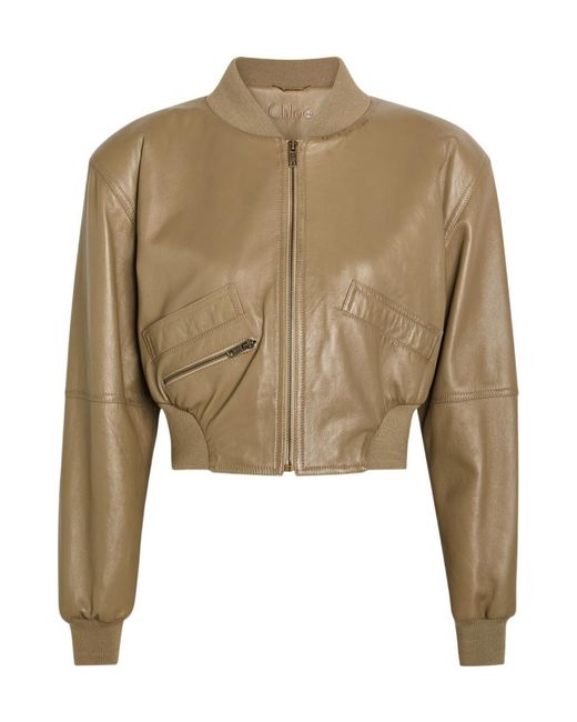 Chloé Green Sculpted Leather Cropped Bomber Jacket