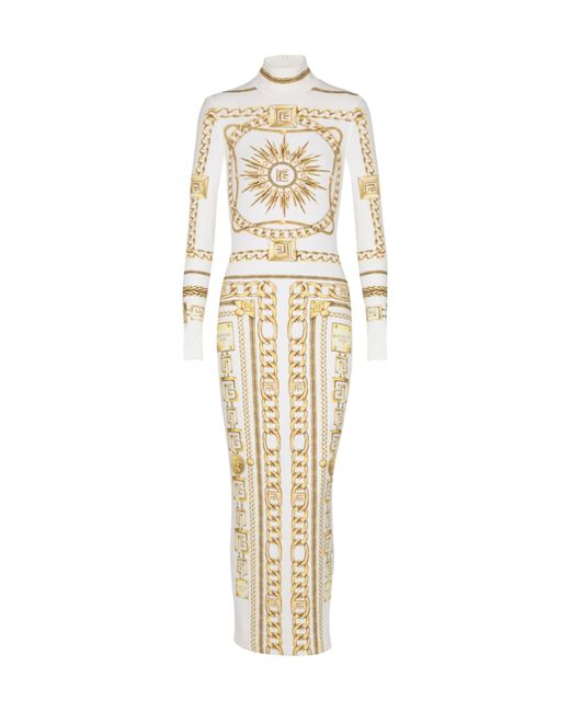 Balmain White Long Printed Bodycon Dress With Foulard Pattern