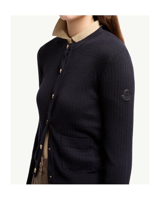 Moncler Blue Leather Logo Wool Blend Cardigan