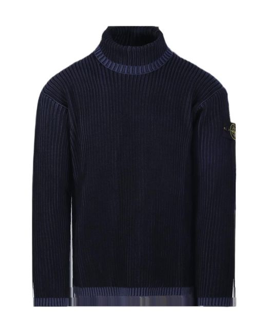 Stone Island Blue Logo Patch Roll Neck Ribbed Jumper for men