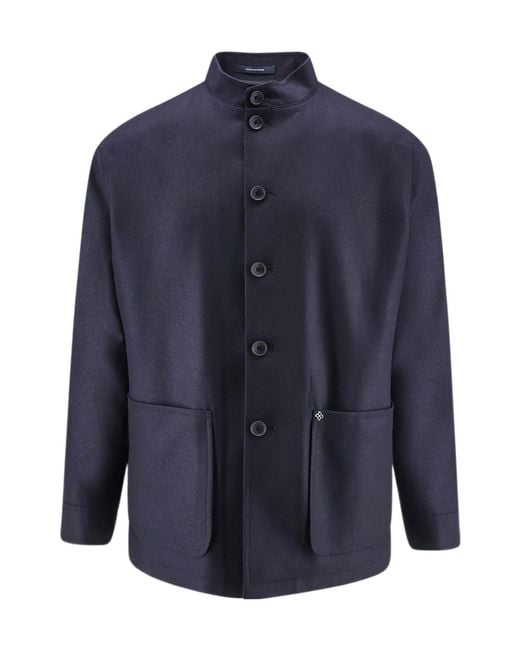 Tagliatore Blue Mandarin-Collar Patch-Pocket Jacket for men