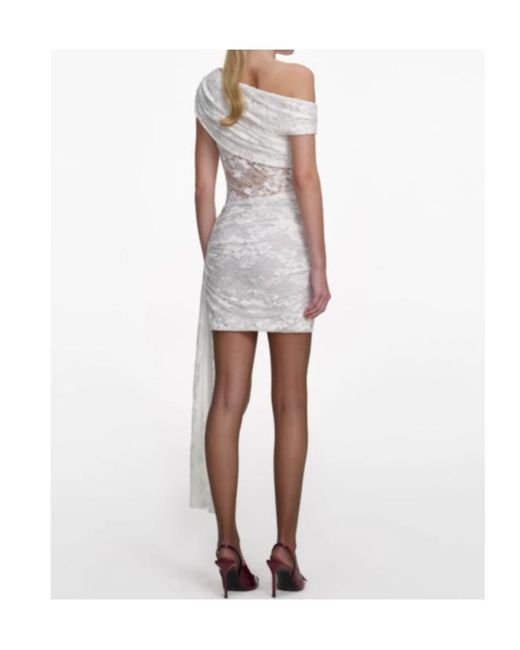 Self-Portrait White Asymmetric Lace Draped Mini Dress